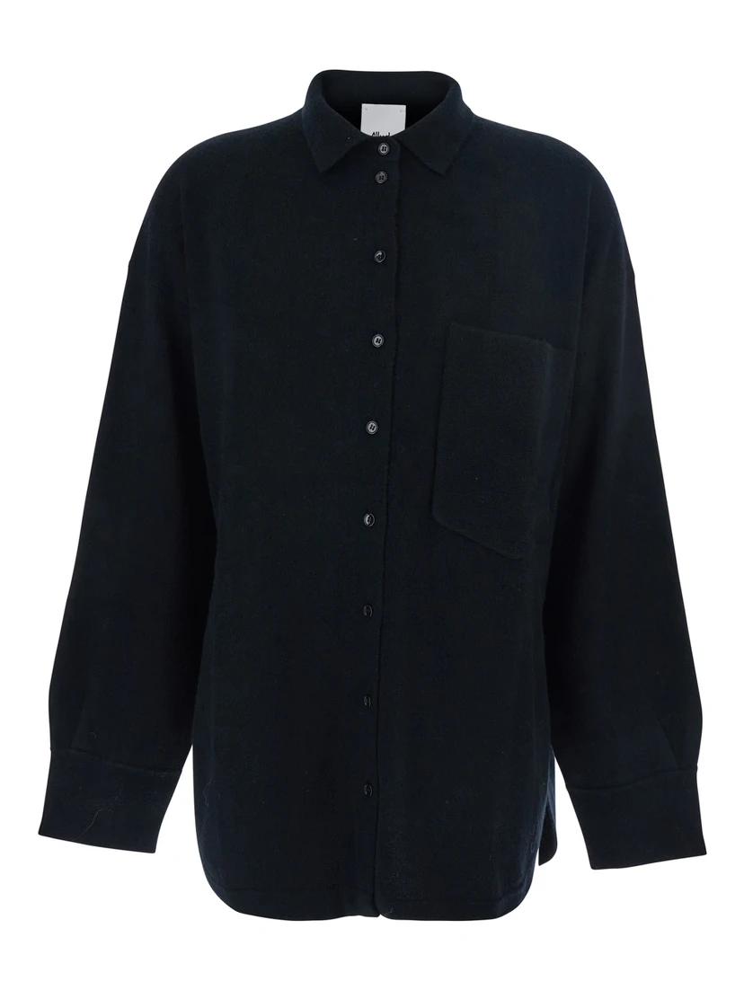 Black Shirt with Chest Pocket in Wool Blend Woman