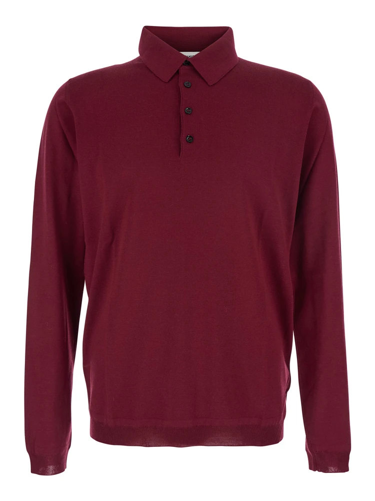 Bordeaux Polo Shirt with Classic Collar and Long Sleeves in Virgin Wool Man