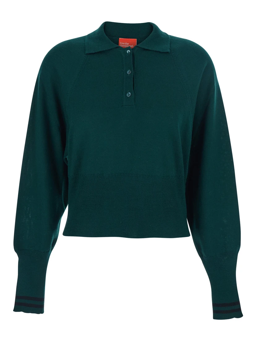 Green Polo Shirt with Wide Classic Collar and Long-Sleeve in Wool Woman