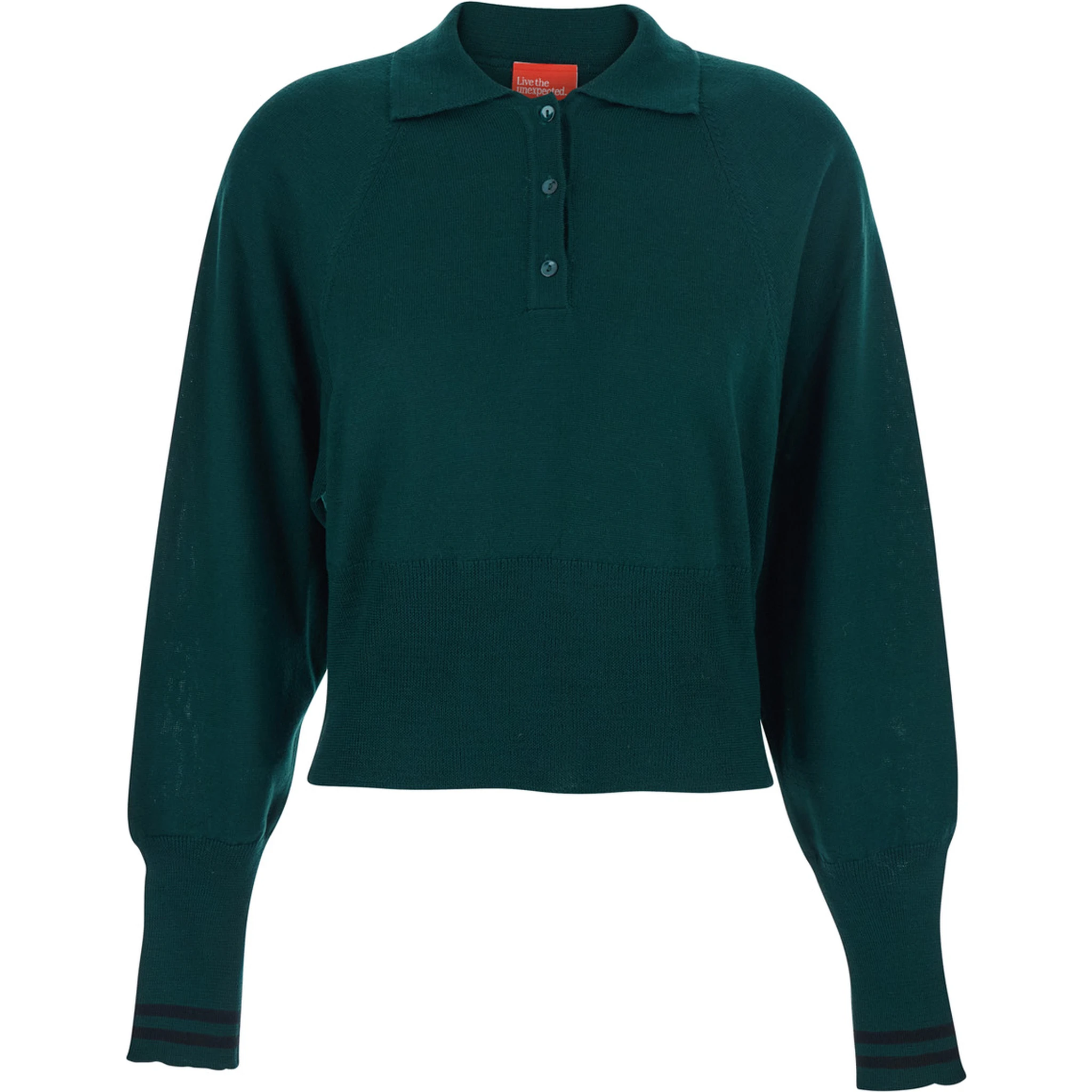 Green Polo Shirt with Wide Classic Collar and Long-Sleeve in Wool Woman