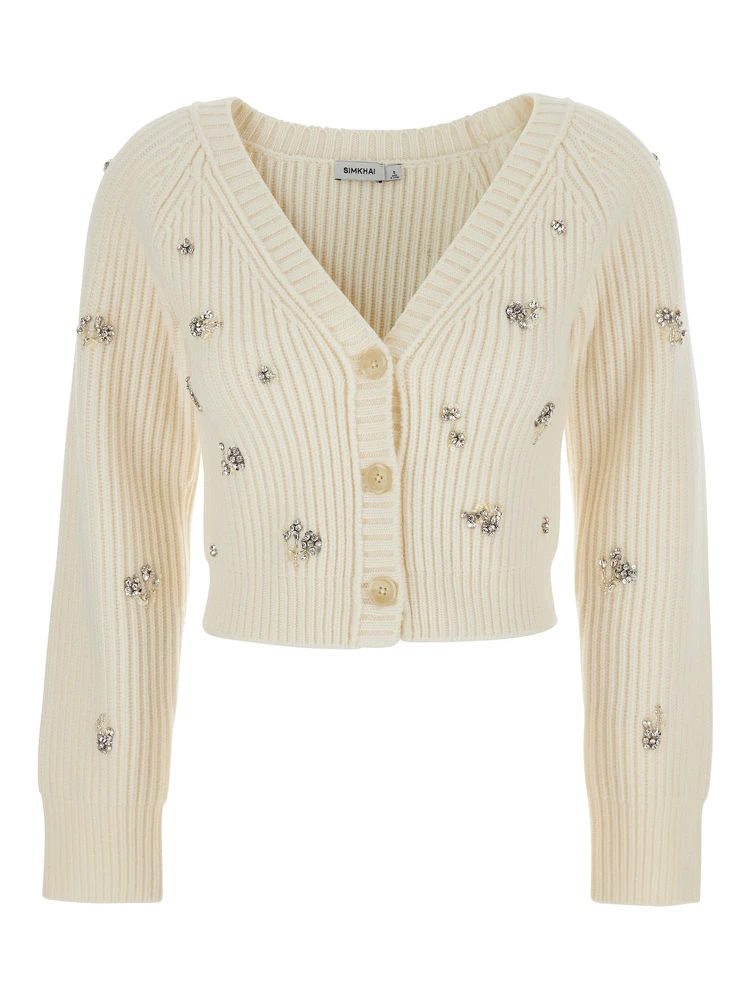 Novah White Cropped Rhinestoned Cardigan with V Neck in Wool and Cashmere Woman
