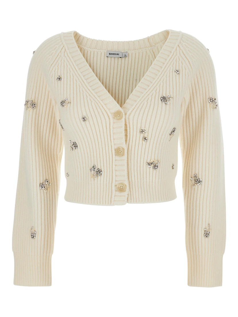 Novah White Cropped Rhinestoned Cardigan with V Neck in Wool and Cashmere Woman