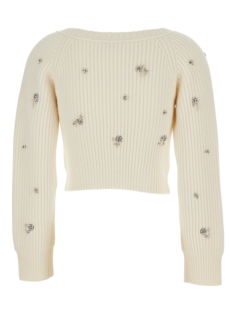 Novah White Cropped Rhinestoned Cardigan with V Neck in Wool and Cashmere Woman