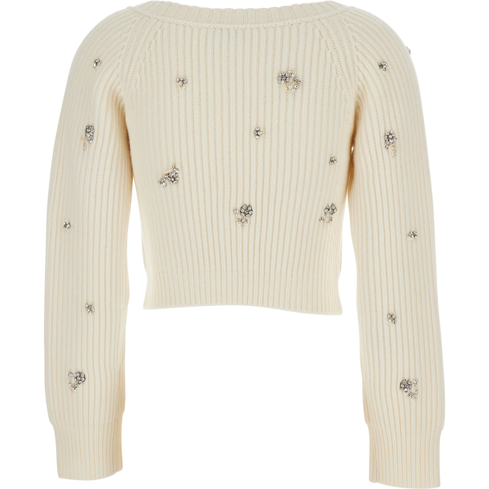 Novah White Cropped Rhinestoned Cardigan with V Neck in Wool and Cashmere Woman