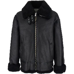 Black Shearling Jacket with Belted Collar in Ecoleather and Ecofur Man