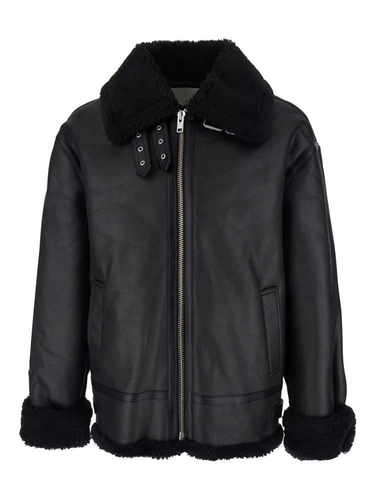 Black Shearling Jacket with Belted Collar in Ecoleather and Ecofur Man