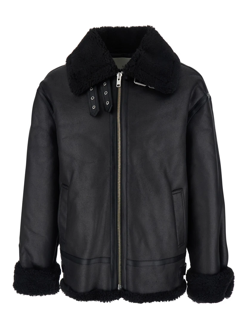 Black Shearling Jacket with Belted Collar in Ecoleather and Ecofur Man