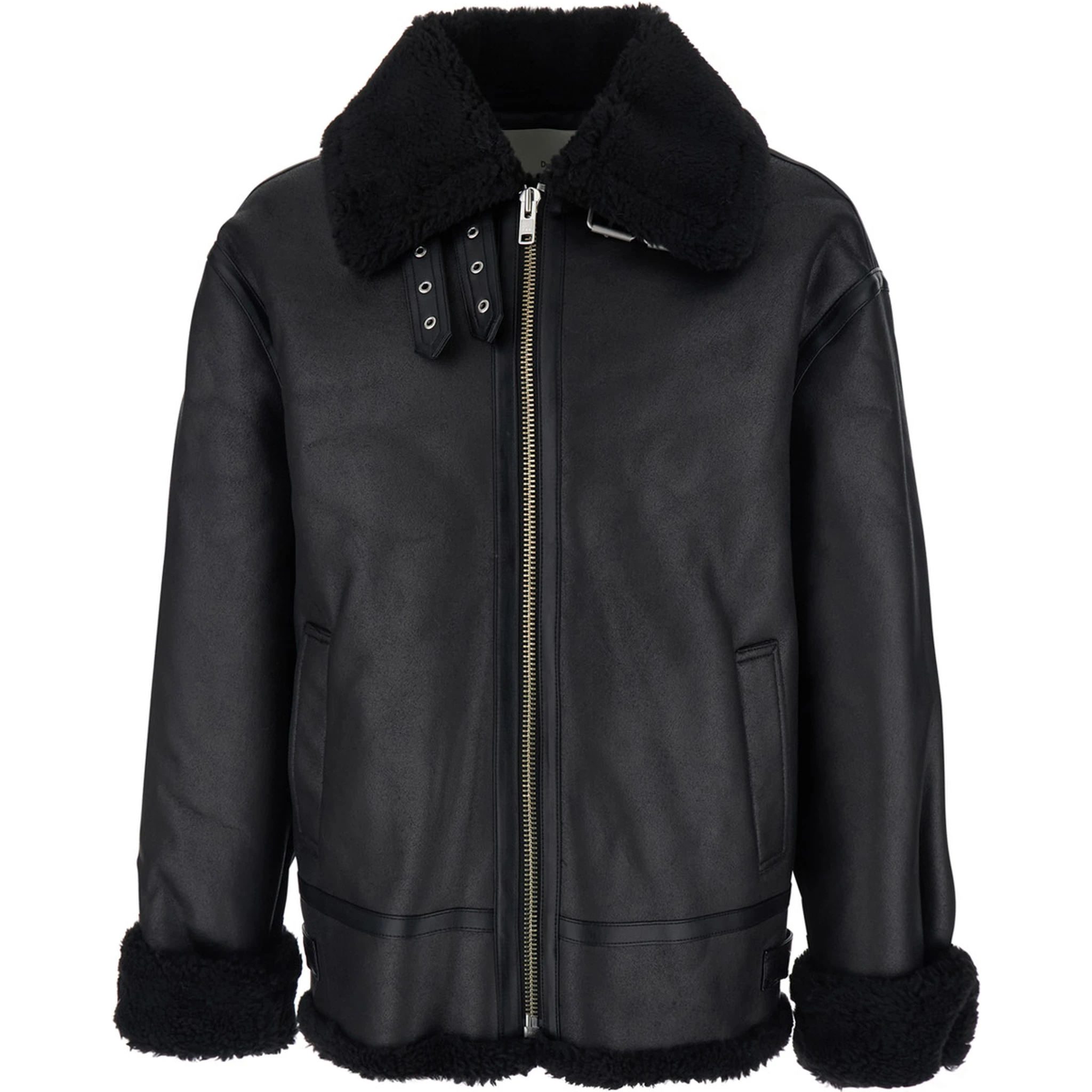 Black Shearling Jacket with Belted Collar in Ecoleather and Ecofur Man