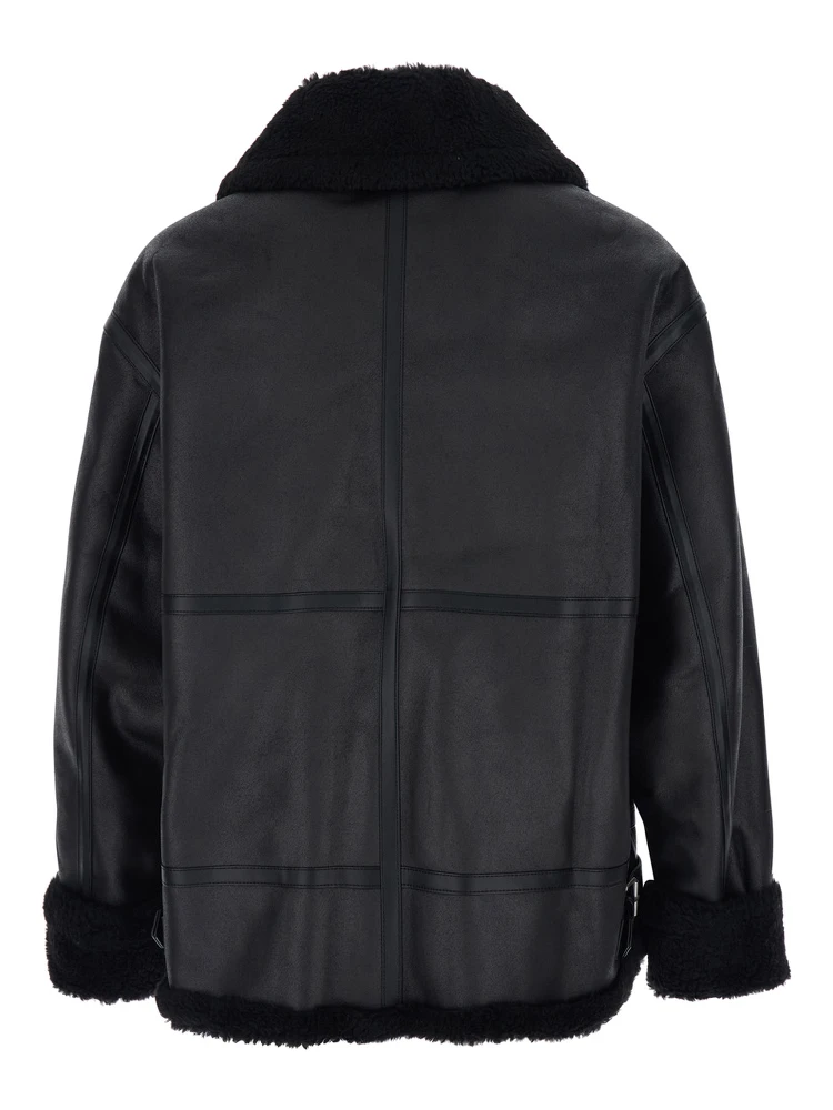 Black Shearling Jacket with Belted Collar in Ecoleather and Ecofur Man alternative