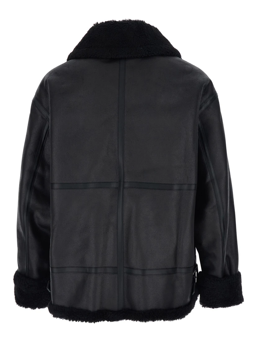 Black Shearling Jacket with Belted Collar in Ecoleather and Ecofur Man