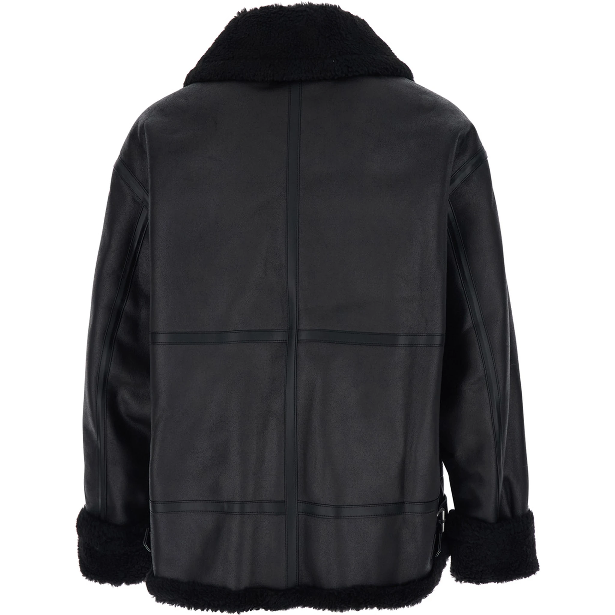 Black Shearling Jacket with Belted Collar in Ecoleather and Ecofur Man