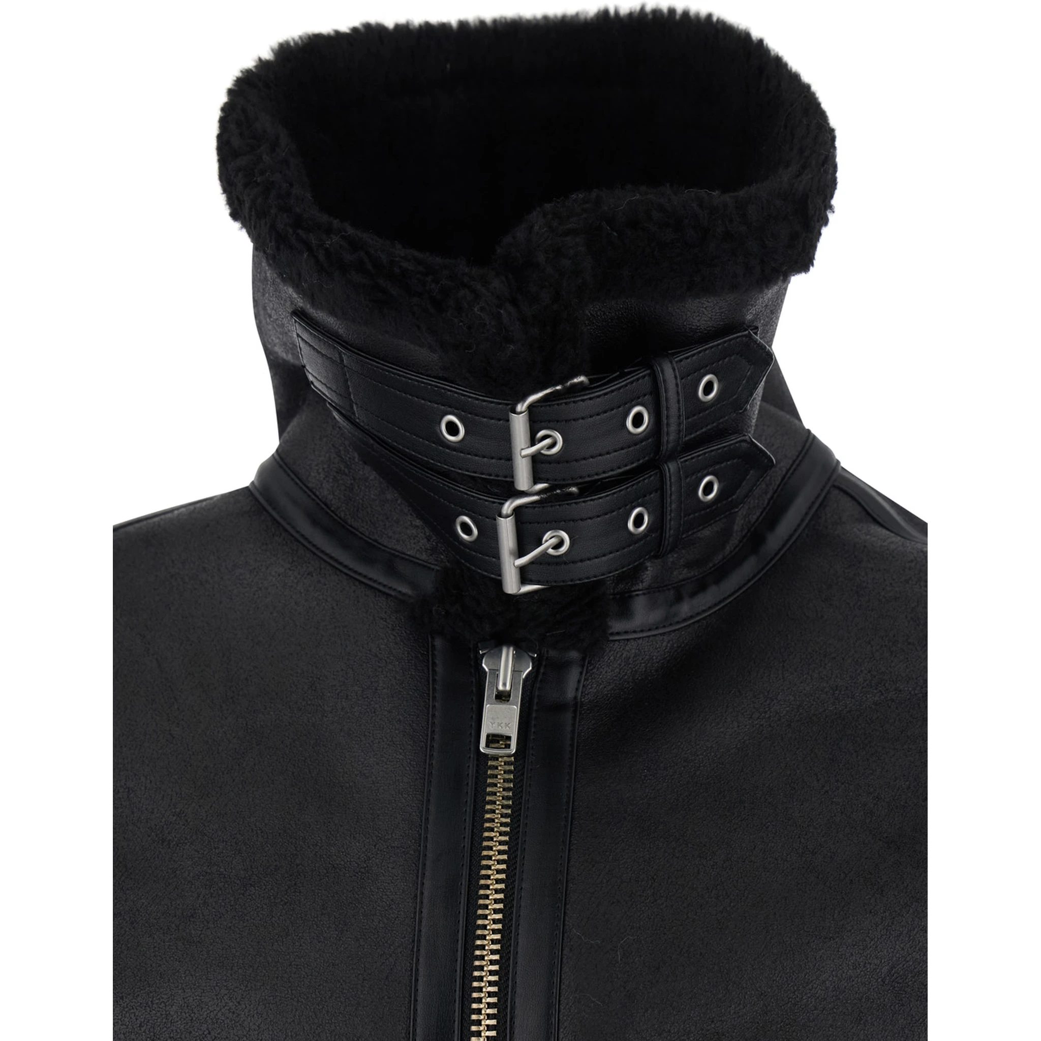 Black Shearling Jacket with Belted Collar in Ecoleather and Ecofur Man