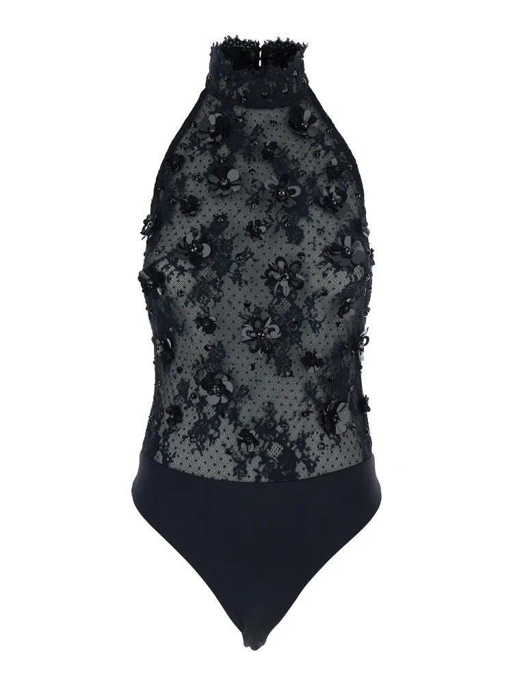 Black Bodysuit with Halterneck and All-Over Floral Embroidery in Tech Fabric Woman