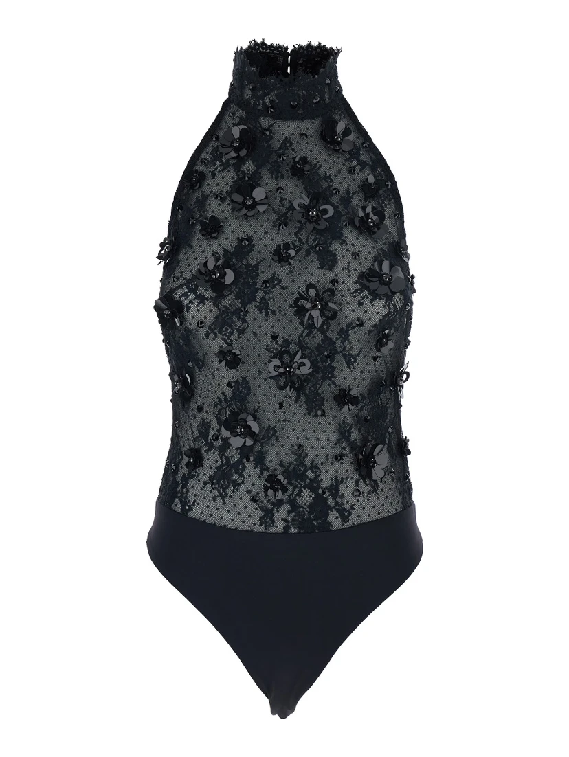 Black Bodysuit with Halterneck and All-Over Floral Embroidery in Tech Fabric Woman