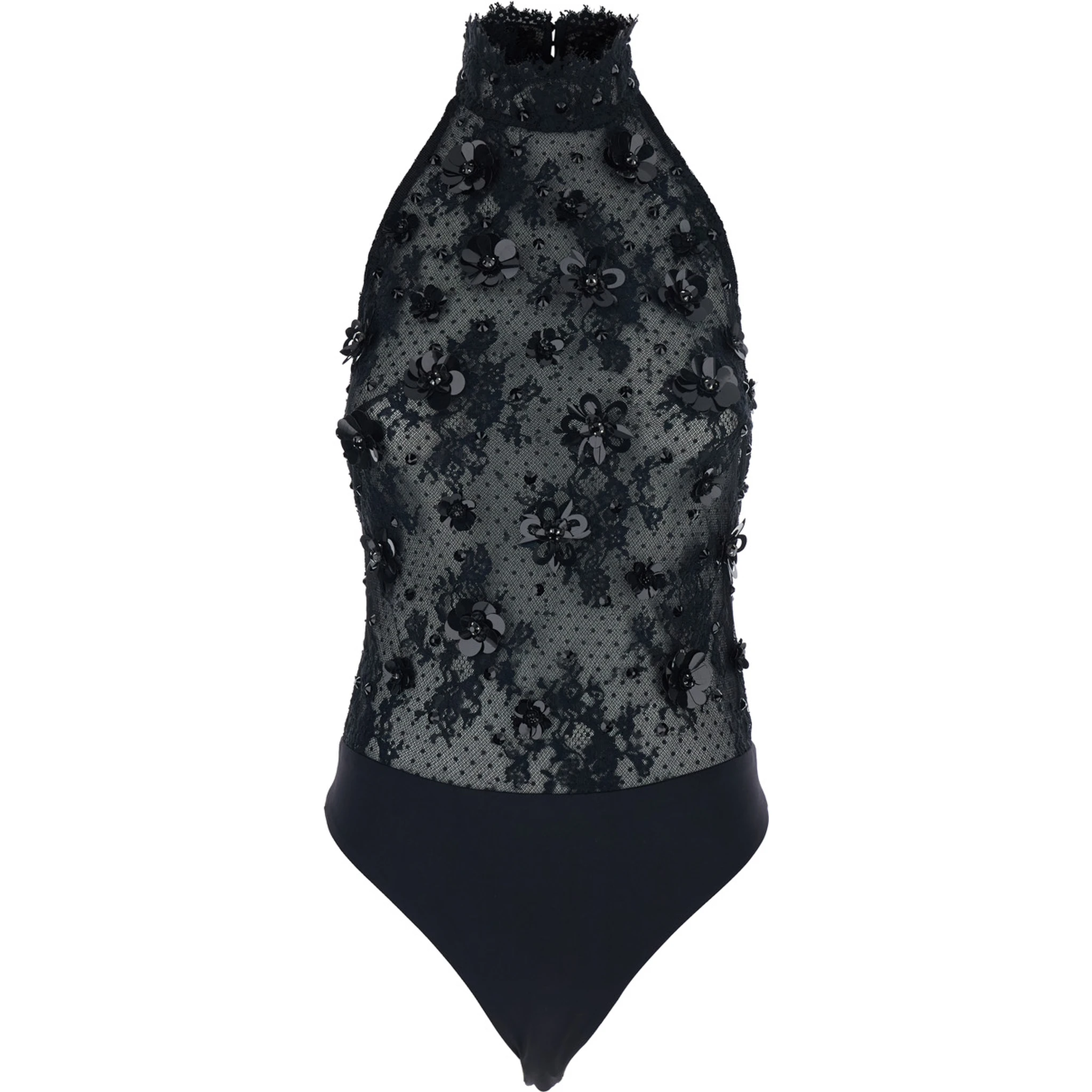 Black Bodysuit with Halterneck and All-Over Floral Embroidery in Tech Fabric Woman