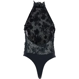 Black Bodysuit with Halterneck and All-Over Floral Embroidery in Tech Fabric Woman