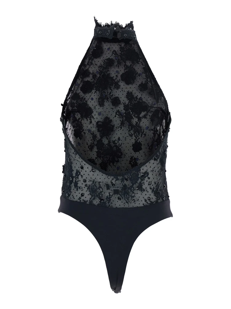 Black Bodysuit with Halterneck and All-Over Floral Embroidery in Tech Fabric Woman alternative