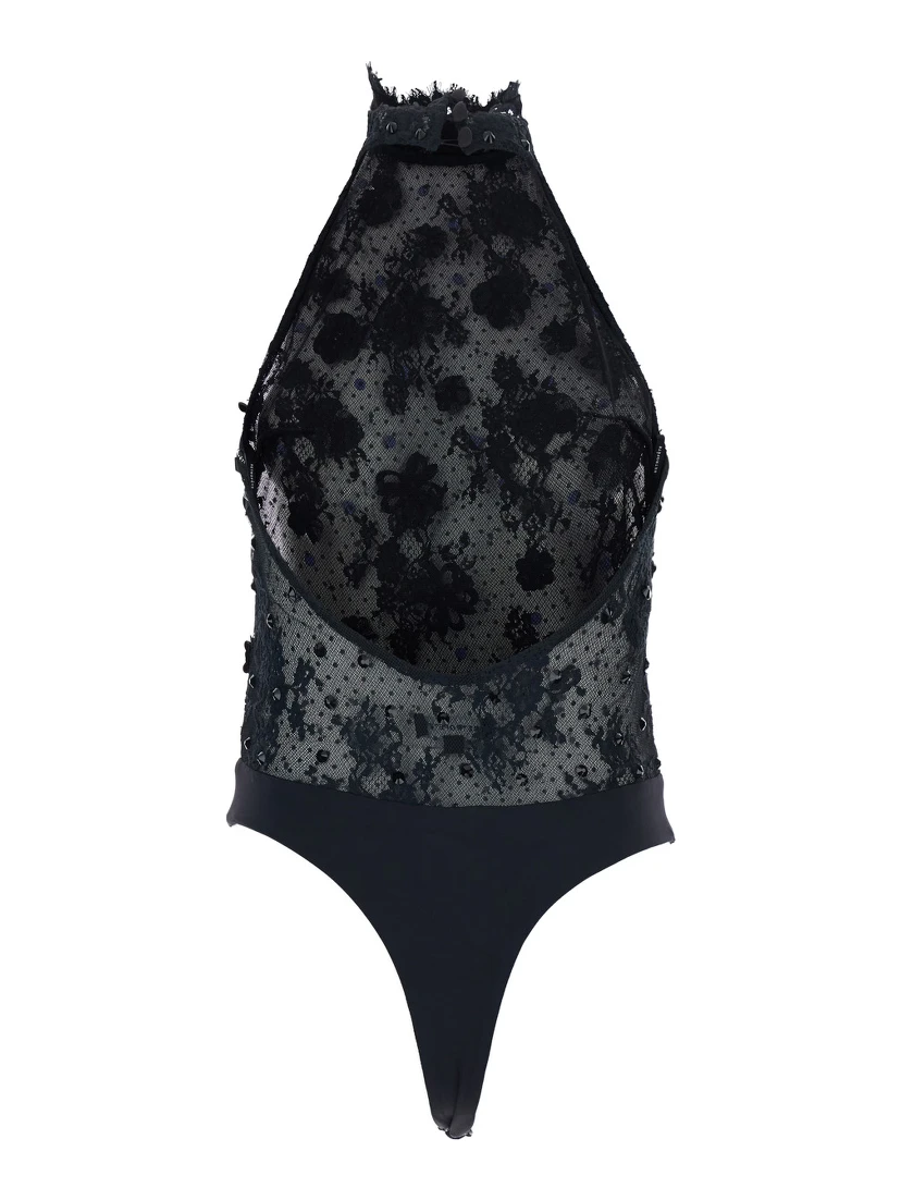 Black Bodysuit with Halterneck and All-Over Floral Embroidery in Tech Fabric Woman