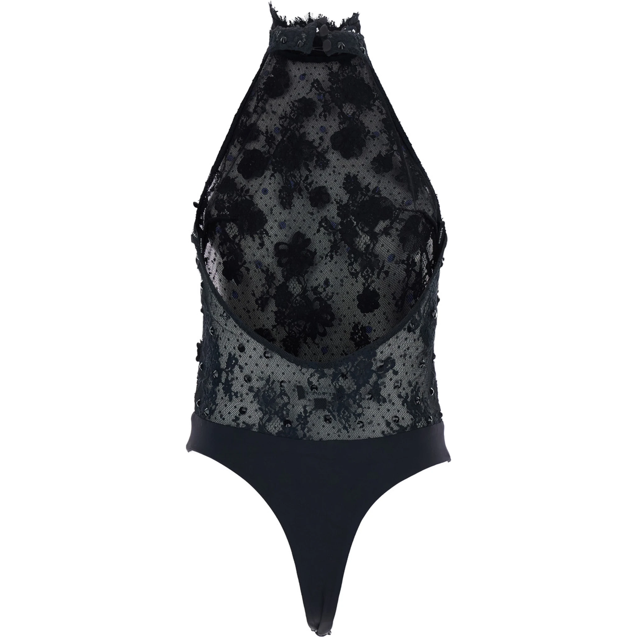 Black Bodysuit with Halterneck and All-Over Floral Embroidery in Tech Fabric Woman