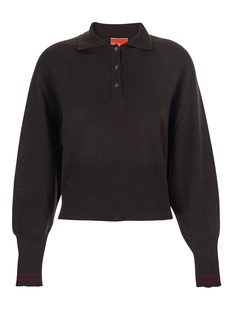 Brown Polo Shirt with Wide Classic Collar and Long-Sleeve in Wool Woman