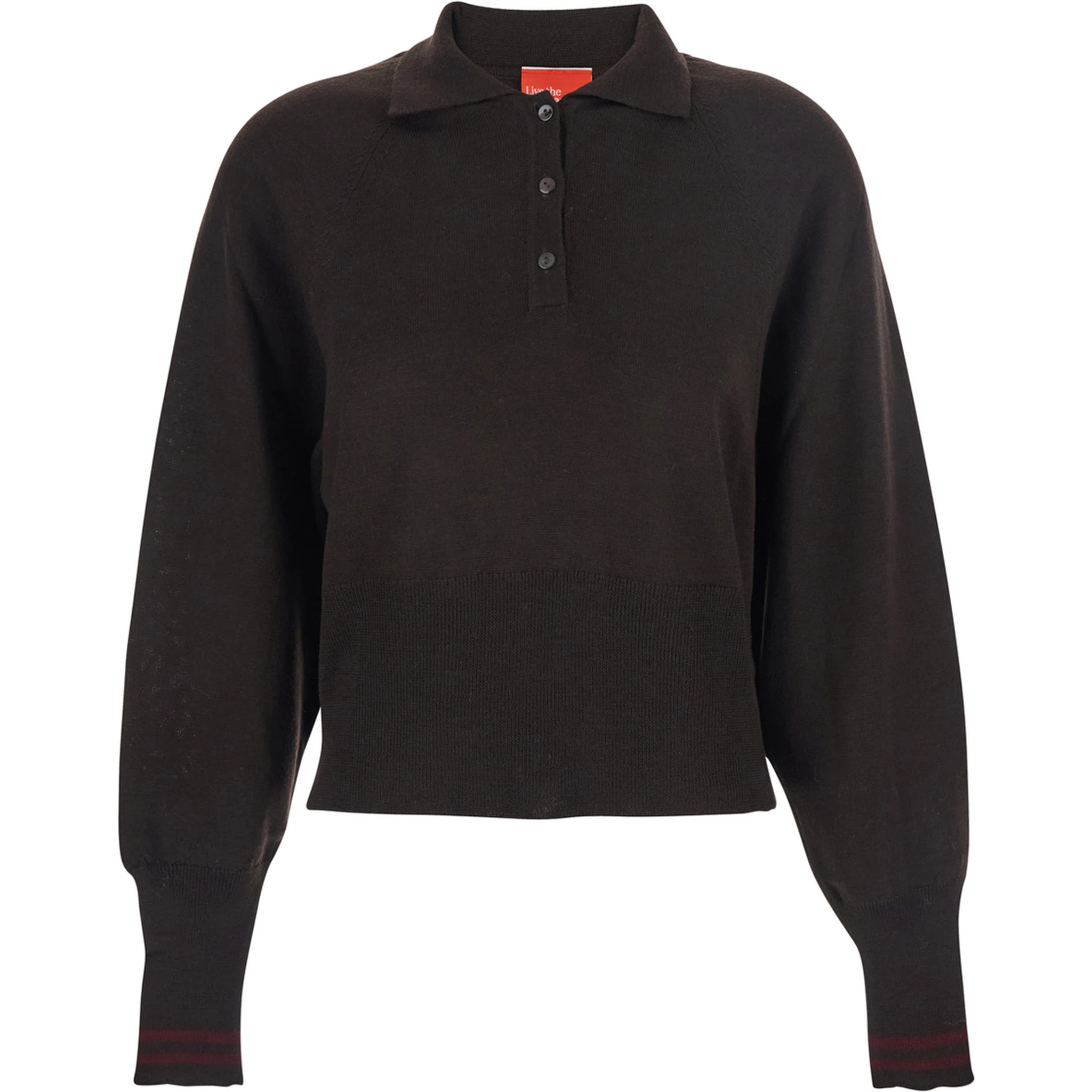 Brown Polo Shirt with Wide Classic Collar and Long-Sleeve in Wool Woman