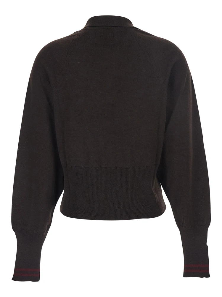 Brown Polo Shirt with Wide Classic Collar and Long-Sleeve in Wool Woman alternative