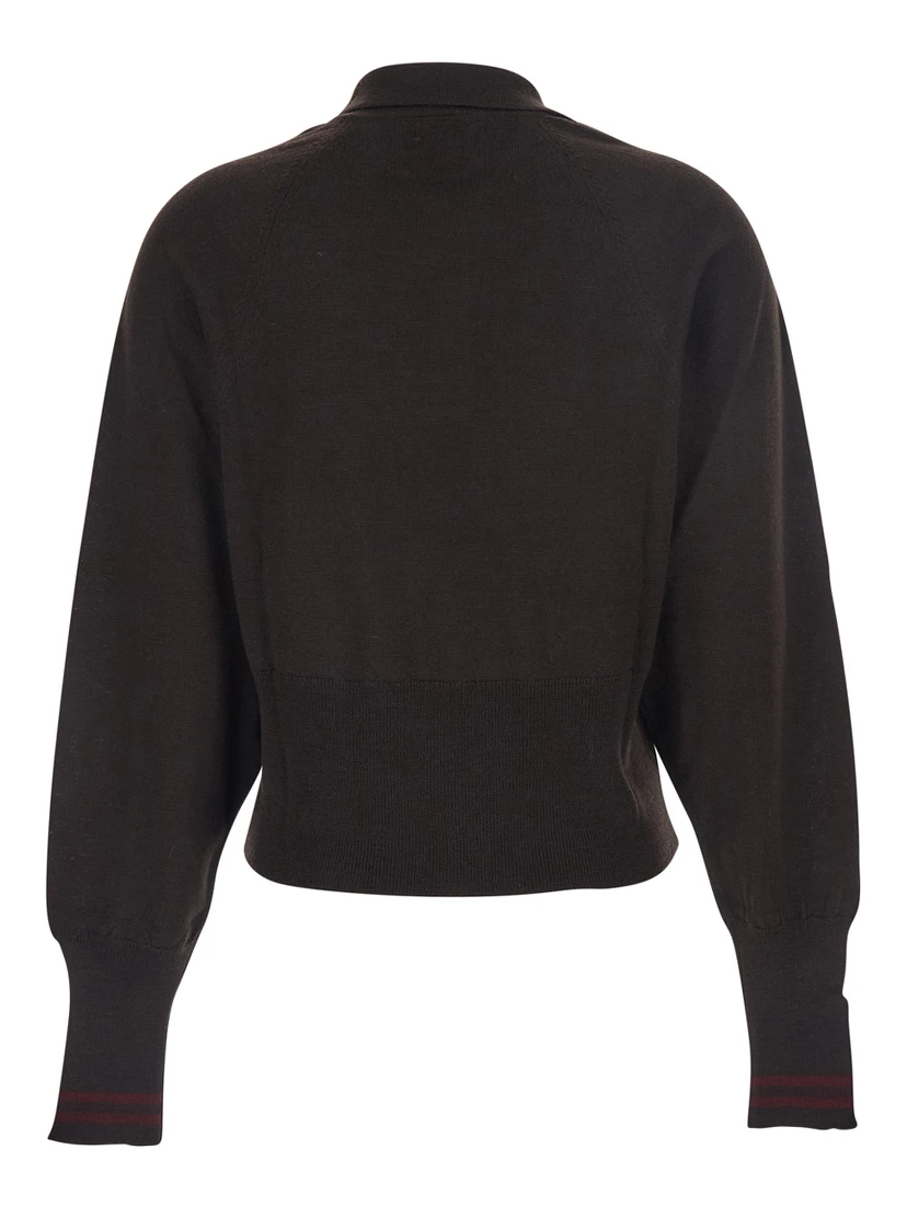 Brown Polo Shirt with Wide Classic Collar and Long-Sleeve in Wool Woman