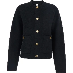 Black Crewneck Cardigan with Two Front Patch Pockets and Ribbed Trims in Wool Woman