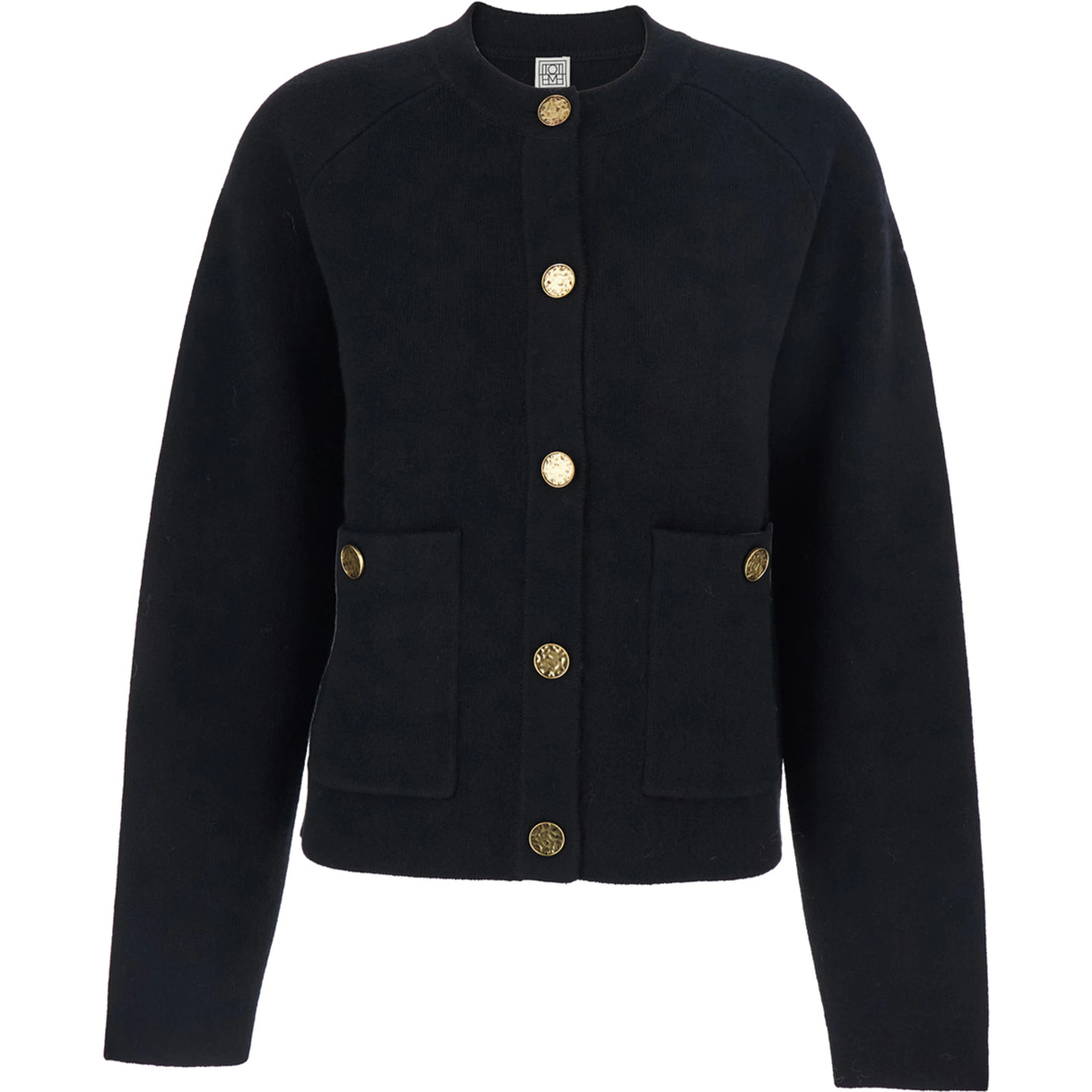 Black Crewneck Cardigan with Two Front Patch Pockets and Ribbed Trims in Wool Woman