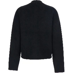 Black Crewneck Cardigan with Two Front Patch Pockets and Ribbed Trims in Wool Woman