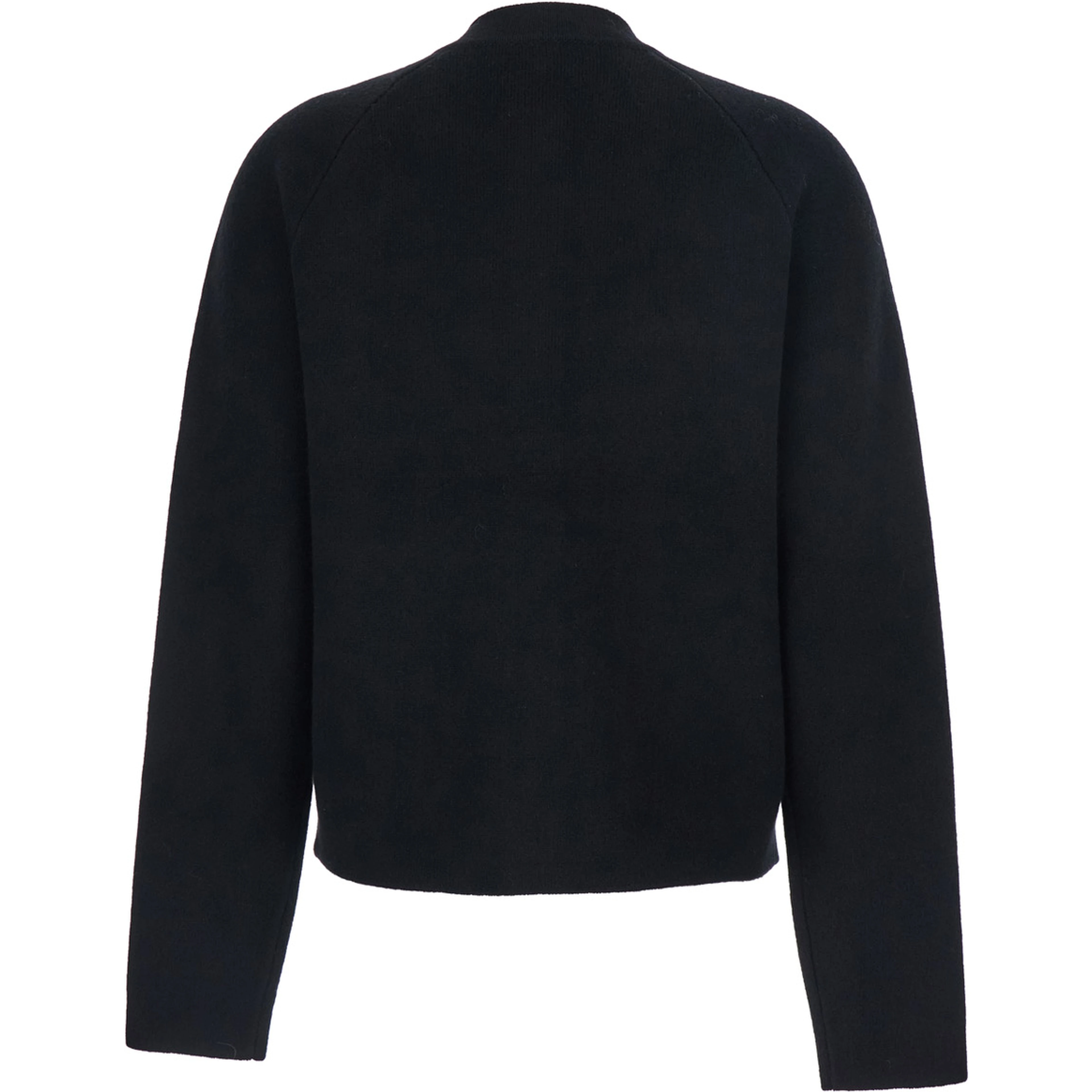 Black Crewneck Cardigan with Two Front Patch Pockets and Ribbed Trims in Wool Woman