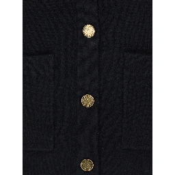 Black Crewneck Cardigan with Two Front Patch Pockets and Ribbed Trims in Wool Woman