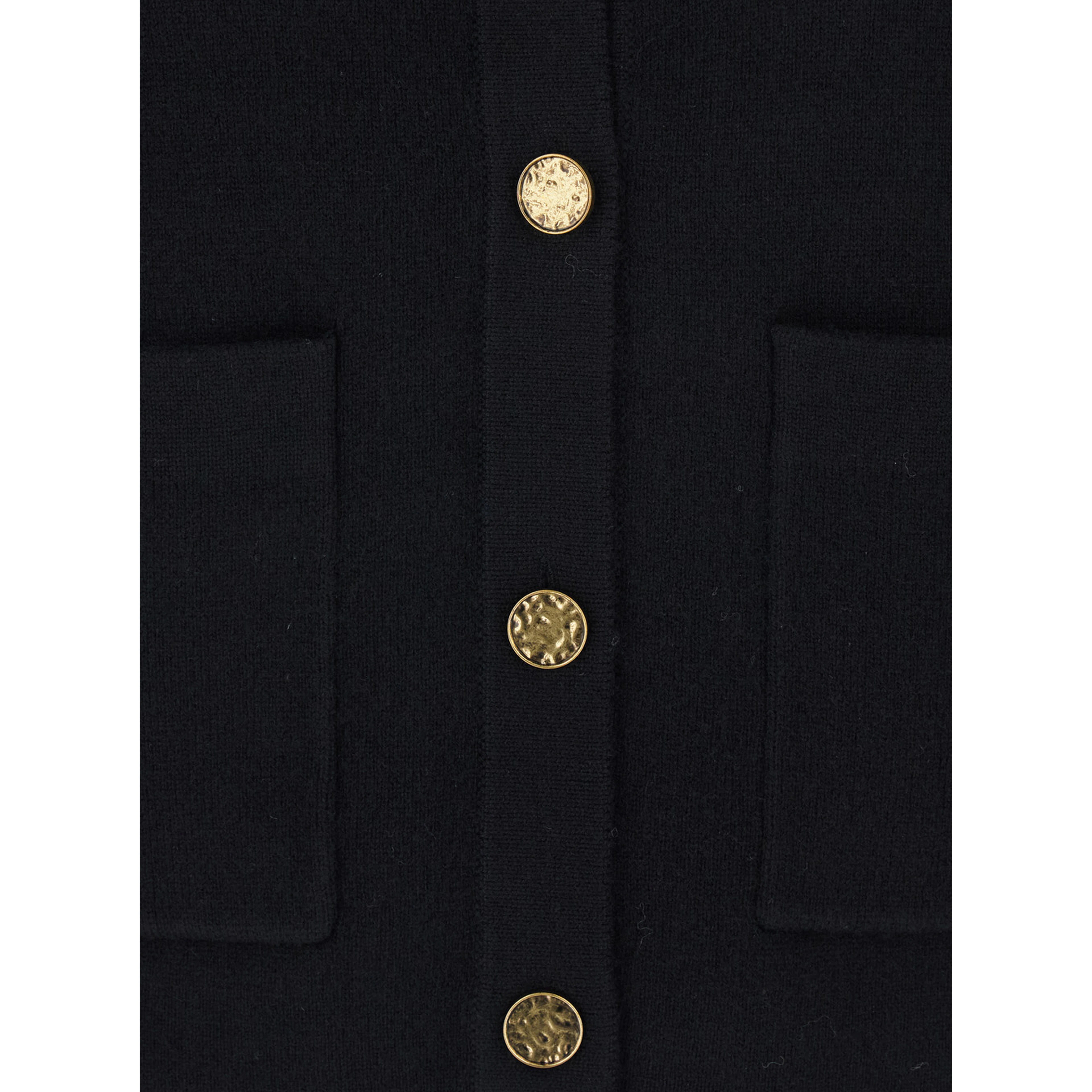 Black Crewneck Cardigan with Two Front Patch Pockets and Ribbed Trims in Wool Woman