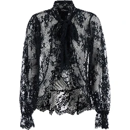 Tamsin Black Blouse with Maxi Bow on the Front and All-Over Lace Embroidery in Tech Fabric Woman