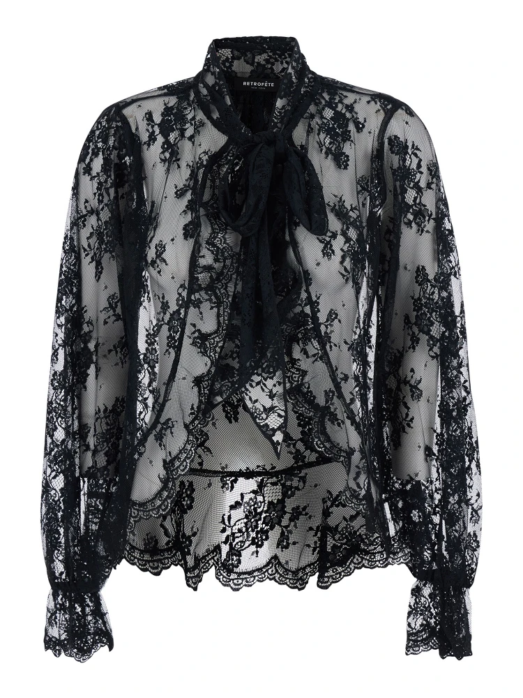 Tamsin Black Blouse with Maxi Bow on the Front and All-Over Lace Embroidery in Tech Fabric Woman