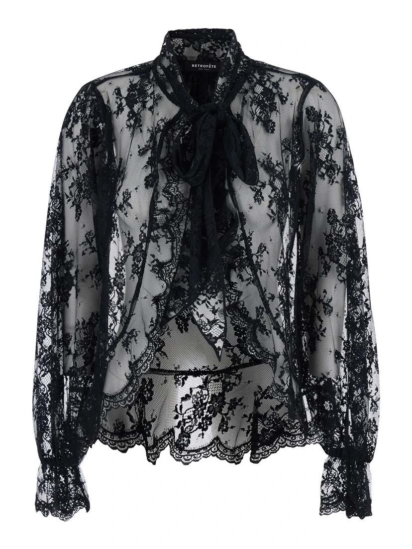 Tamsin Black Blouse with Maxi Bow on the Front and All-Over Lace Embroidery in Tech Fabric Woman