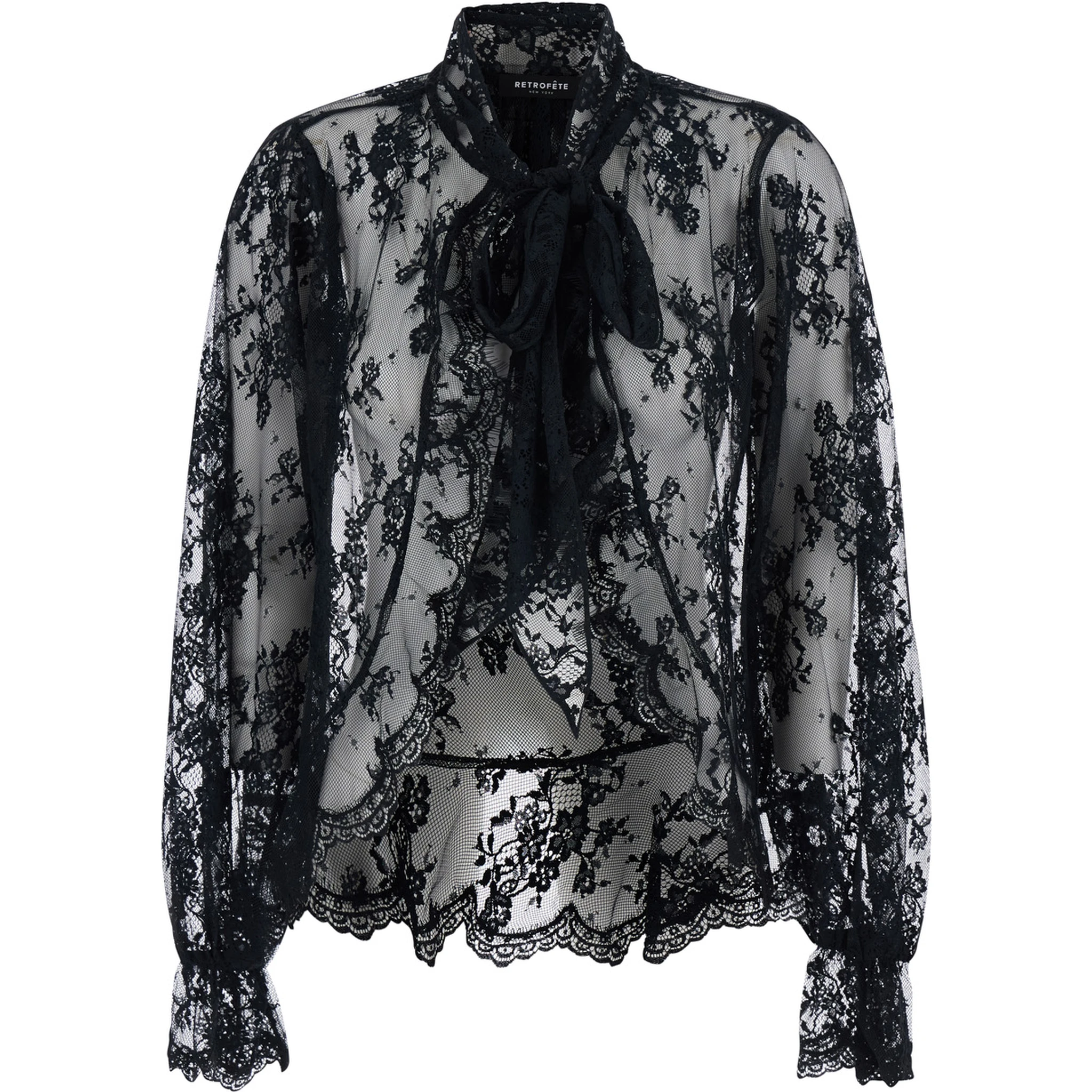 Tamsin Black Blouse with Maxi Bow on the Front and All-Over Lace Embroidery in Tech Fabric Woman