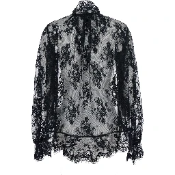 Tamsin Black Blouse with Maxi Bow on the Front and All-Over Lace Embroidery in Tech Fabric Woman