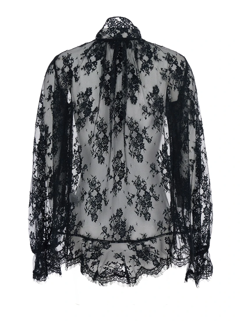 Tamsin Black Blouse with Maxi Bow on the Front and All-Over Lace Embroidery in Tech Fabric Woman