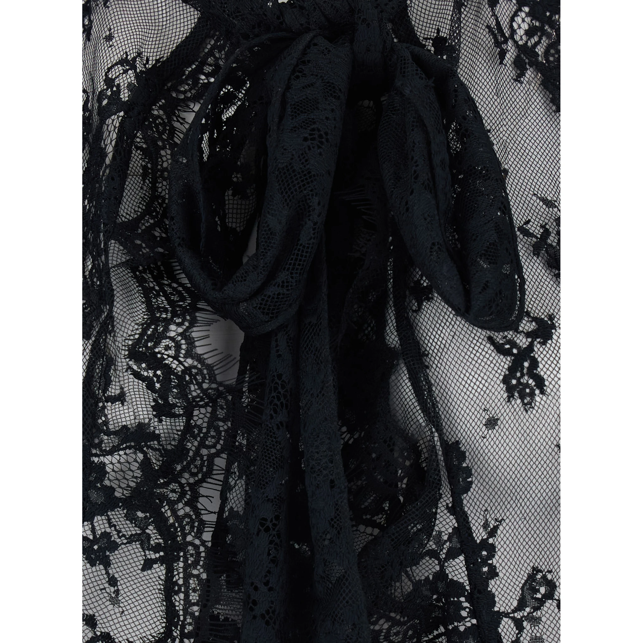 Tamsin Black Blouse with Maxi Bow on the Front and All-Over Lace Embroidery in Tech Fabric Woman