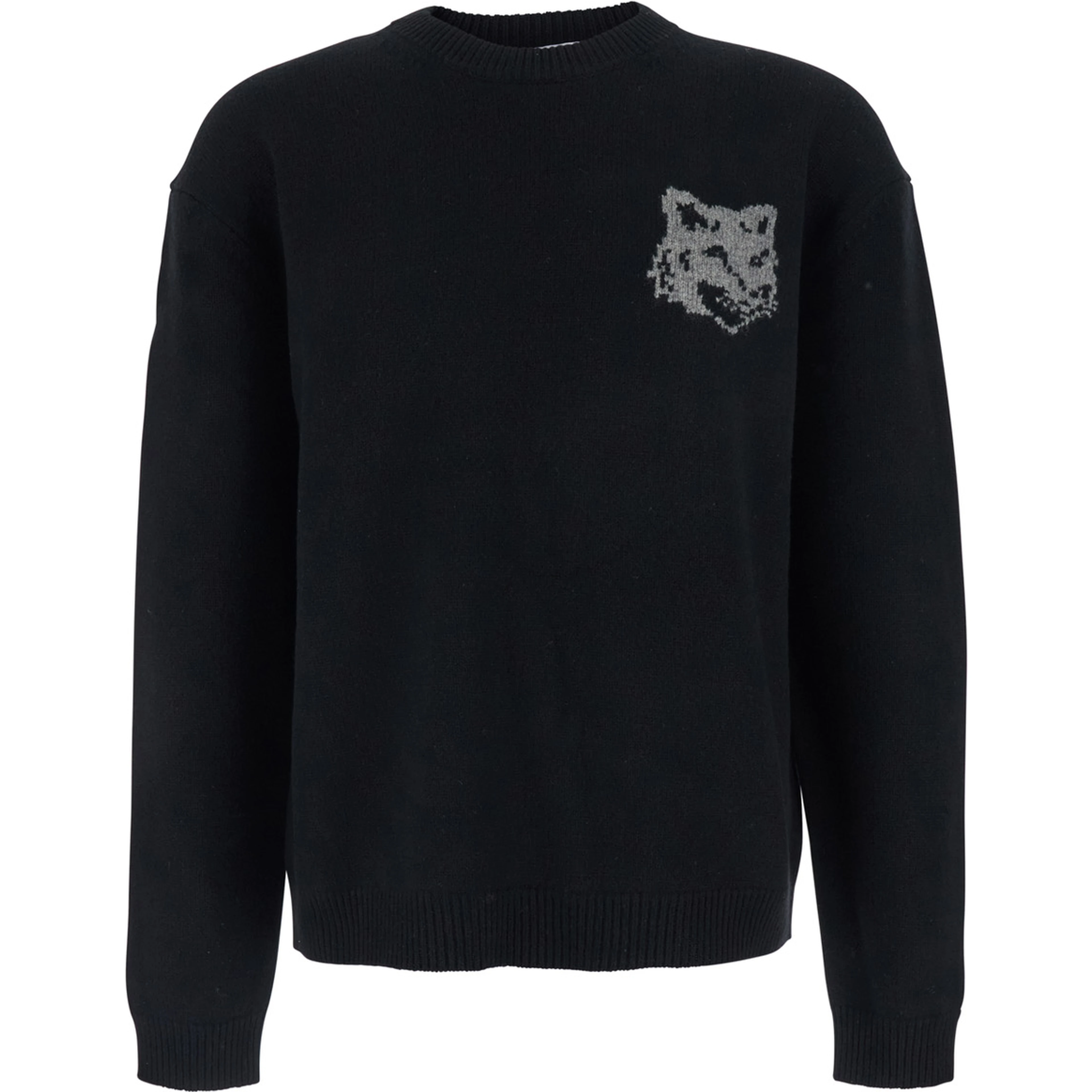 Black Crewneck Sweater with Dropped Shoulders and Logo Embroidery on the Front in Wool Man