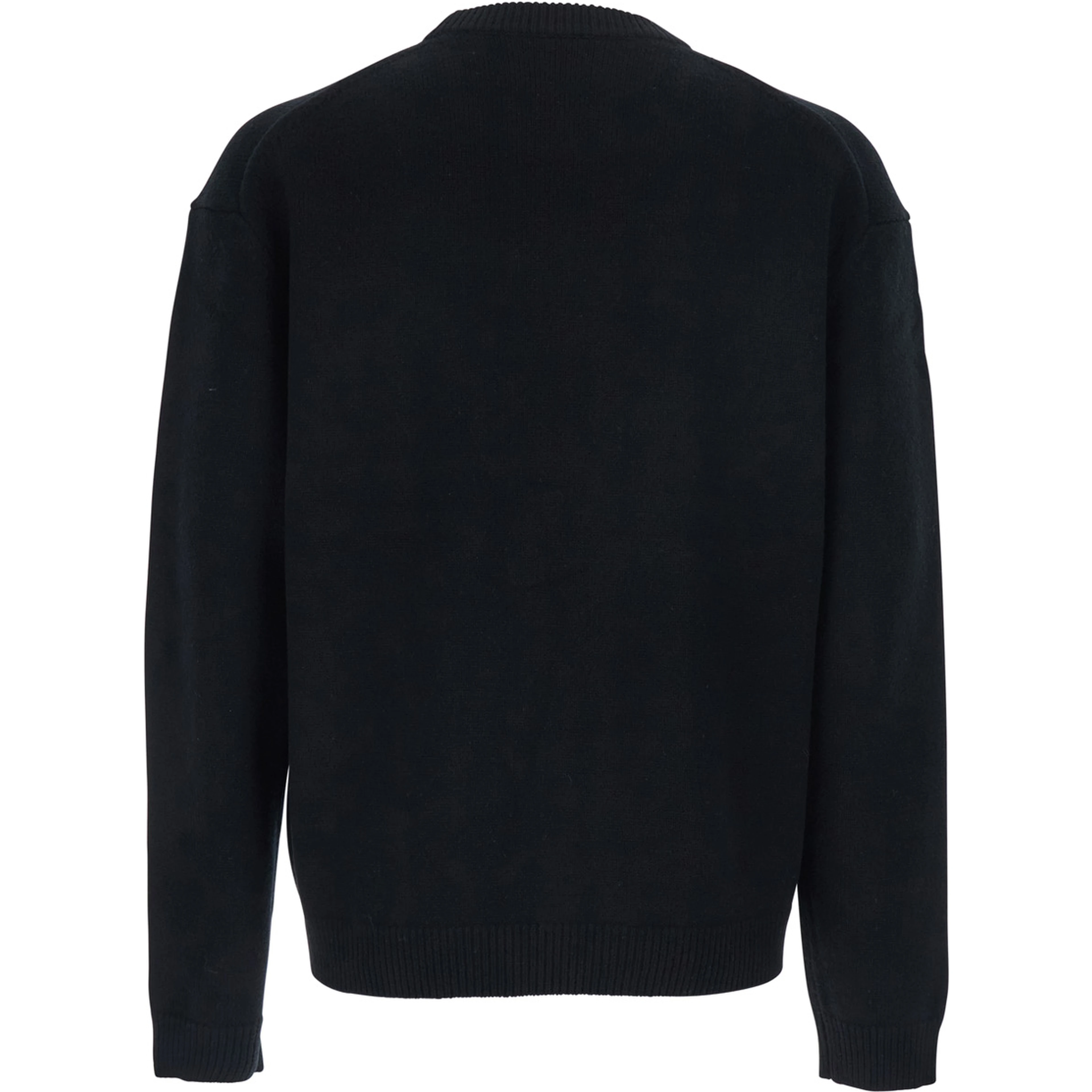 Black Crewneck Sweater with Dropped Shoulders and Logo Embroidery on the Front in Wool Man