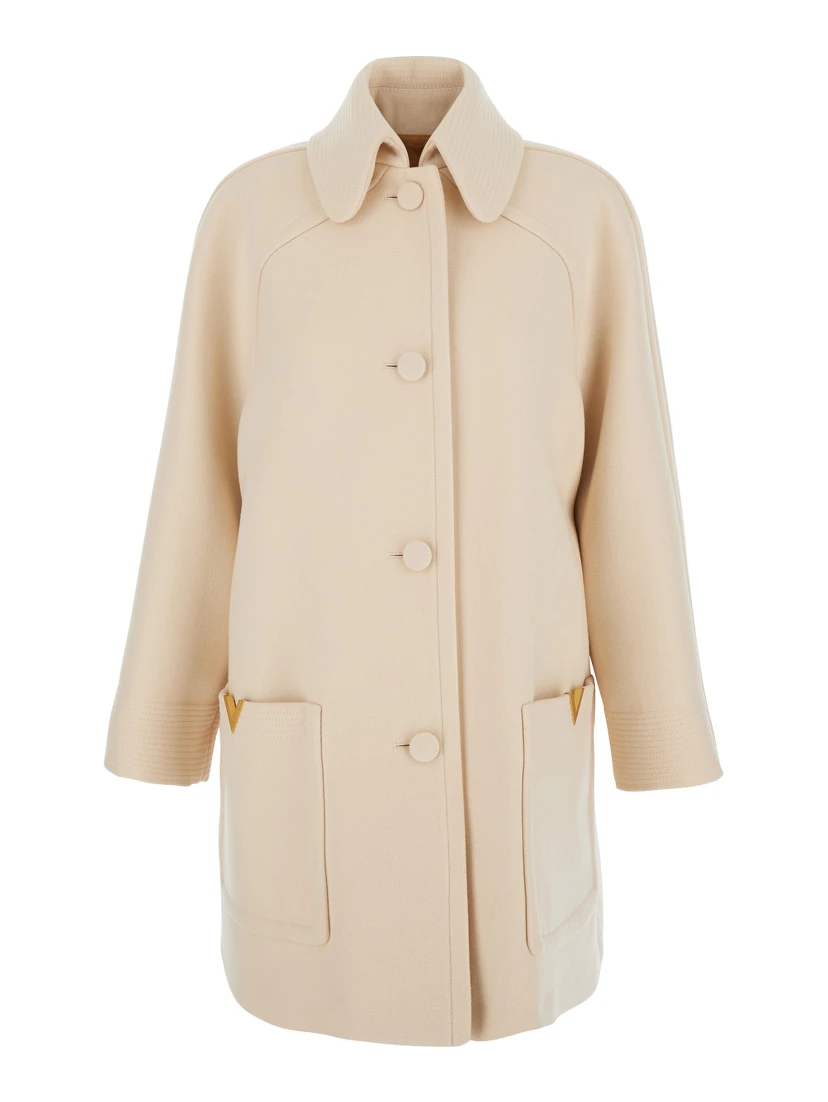 Beige Jacket with Pointed Collar and VLogo Plaque on the Pocket in Wool Woman