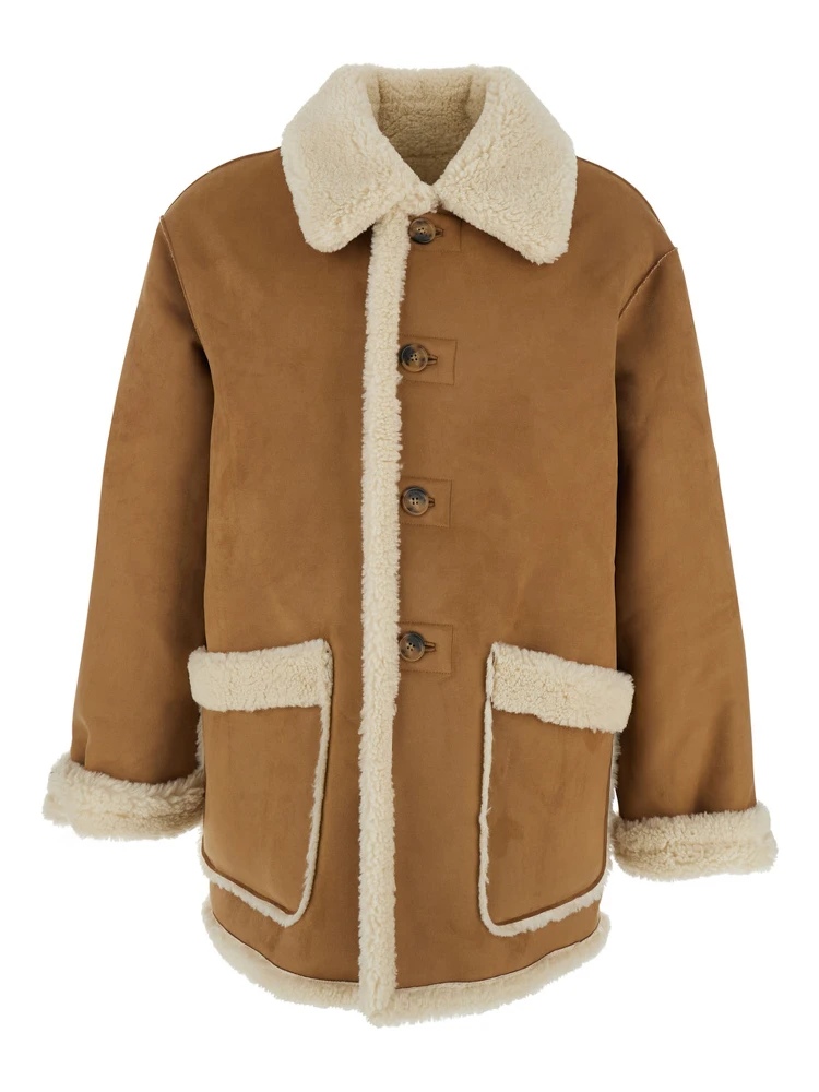 Beige Reversible Shearling Jacket with Classic Collar and Two Front Patch Pockets in Ecofur Man