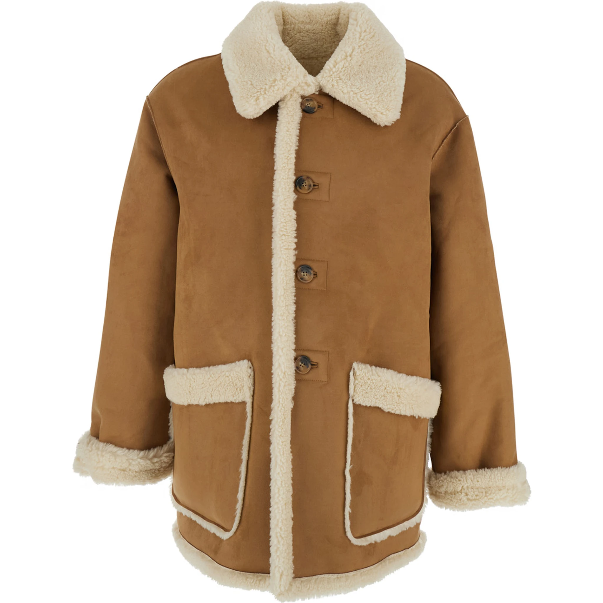 Beige Reversible Shearling Jacket with Classic Collar and Two Front Patch Pockets in Ecofur Man