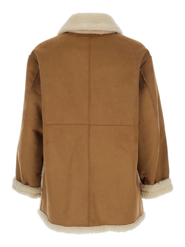 Beige Reversible Shearling Jacket with Classic Collar and Two Front Patch Pockets in Ecofur Man alternative
