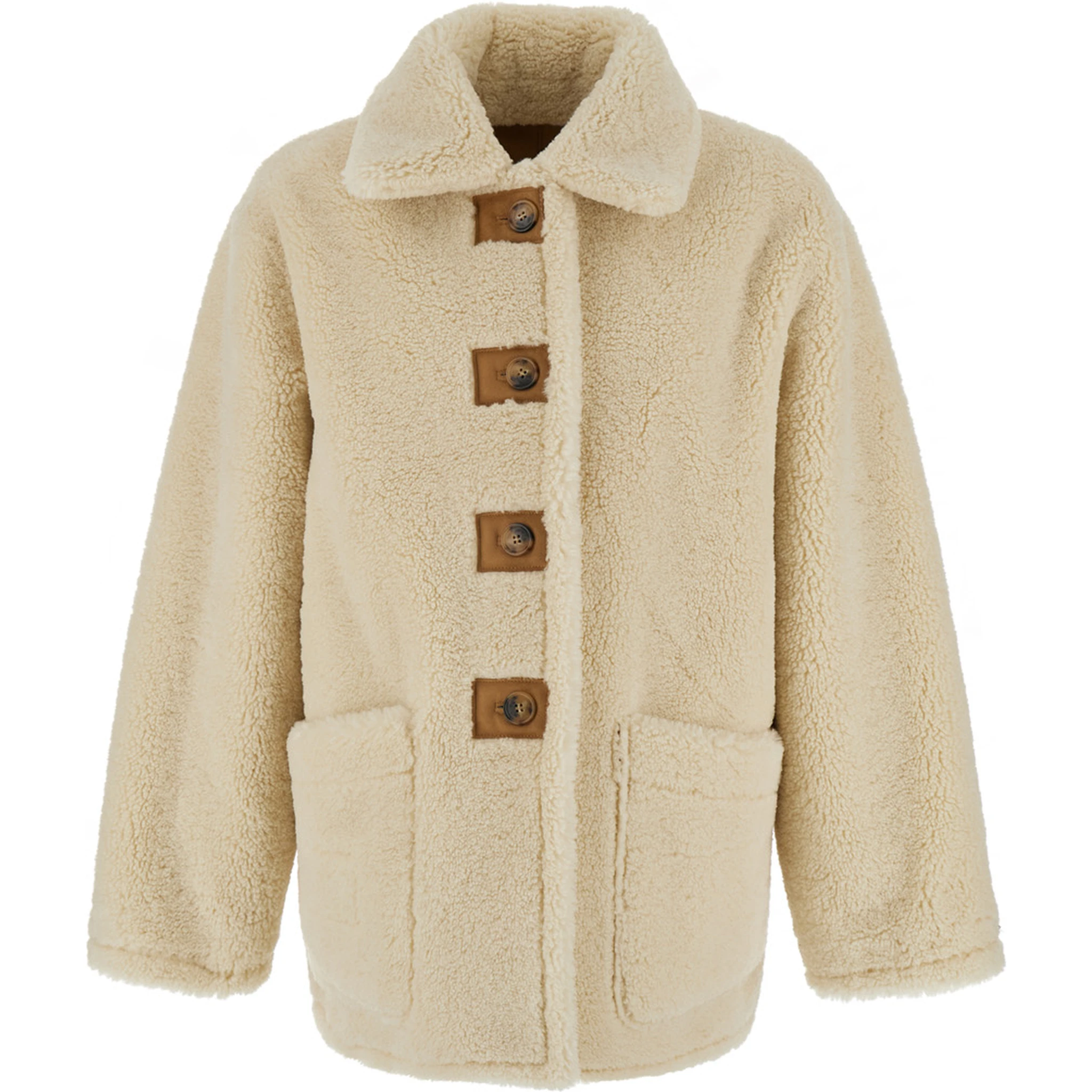 Beige Reversible Shearling Jacket with Classic Collar and Two Front Patch Pockets in Ecofur Man