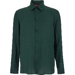Green Shirt with Pointed Collar and Buttoned Cuffs in Silk GG Jacquard Man