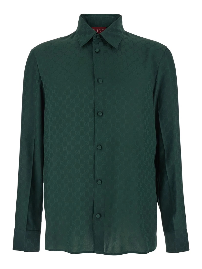 Green Shirt with Pointed Collar and Buttoned Cuffs in Silk GG Jacquard Man