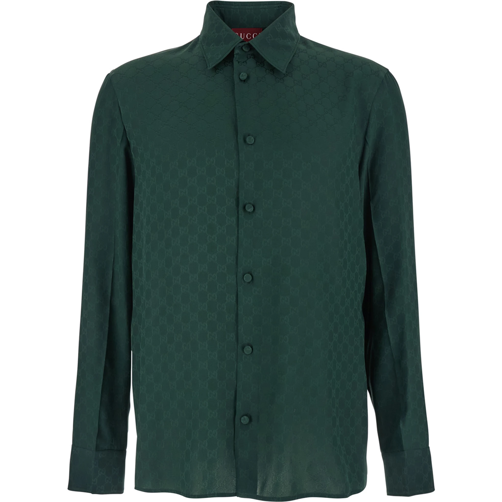 Green Shirt with Pointed Collar and Buttoned Cuffs in Silk GG Jacquard Man